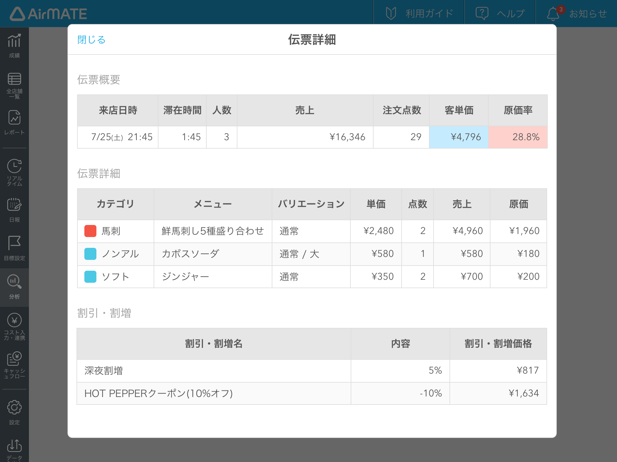 07 Airメイト Web版 分析 伝票分析 伝票詳細