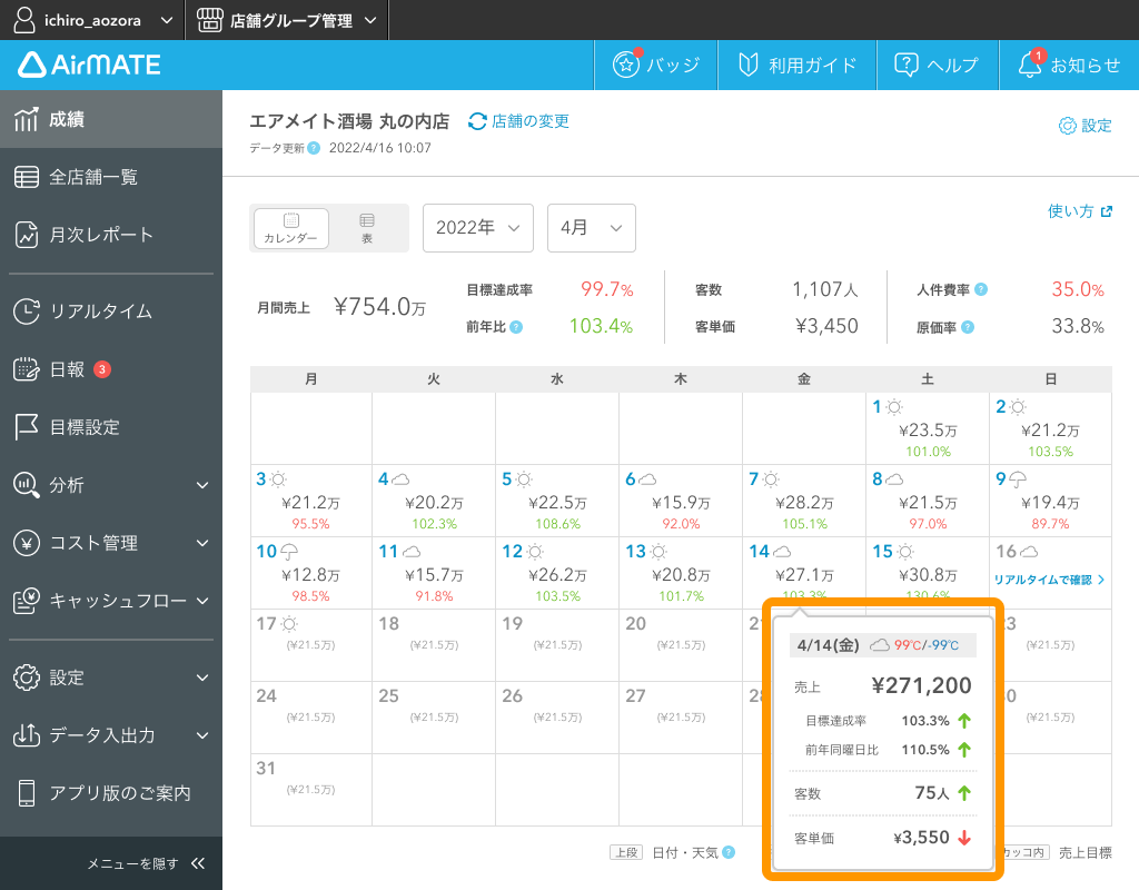 Airメイト 成績画面7 日にち選択