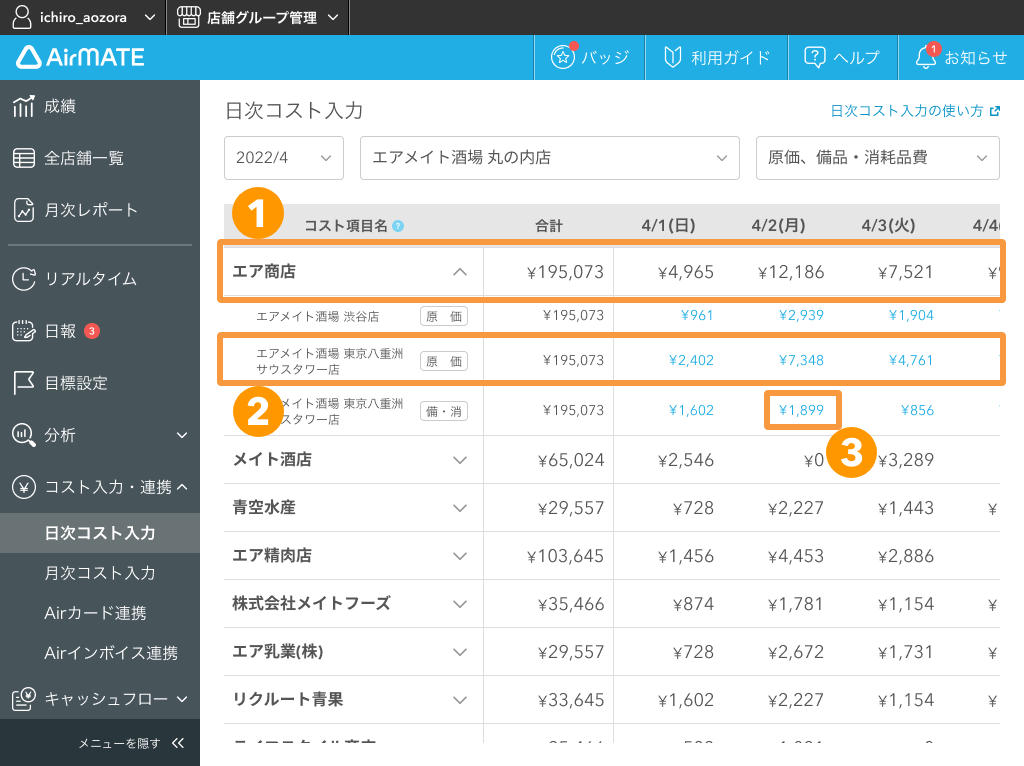 Airメイト 入力したコストが一覧で表示