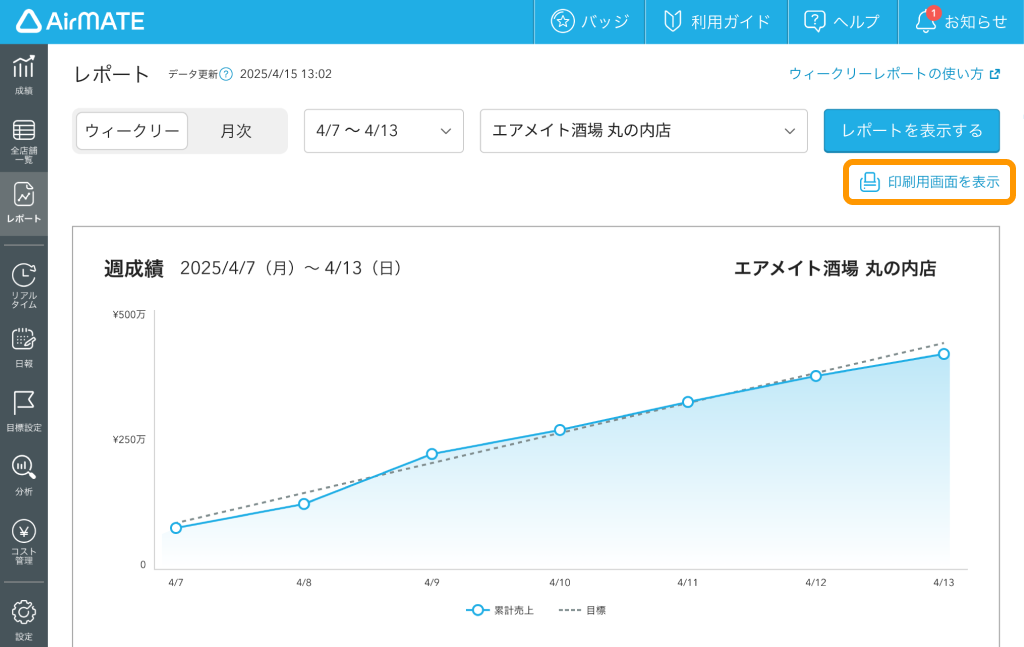 04 Airメイト Web版 レポート ウィークリー 印刷用画面を表示