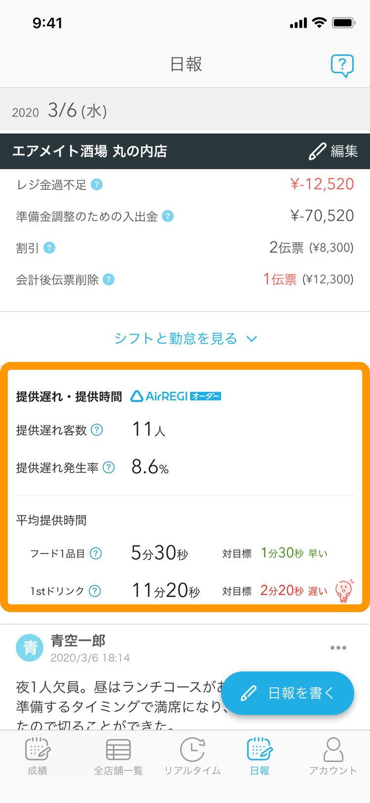 Airメイト スマートフォン版 日報 Airレジ オーダー