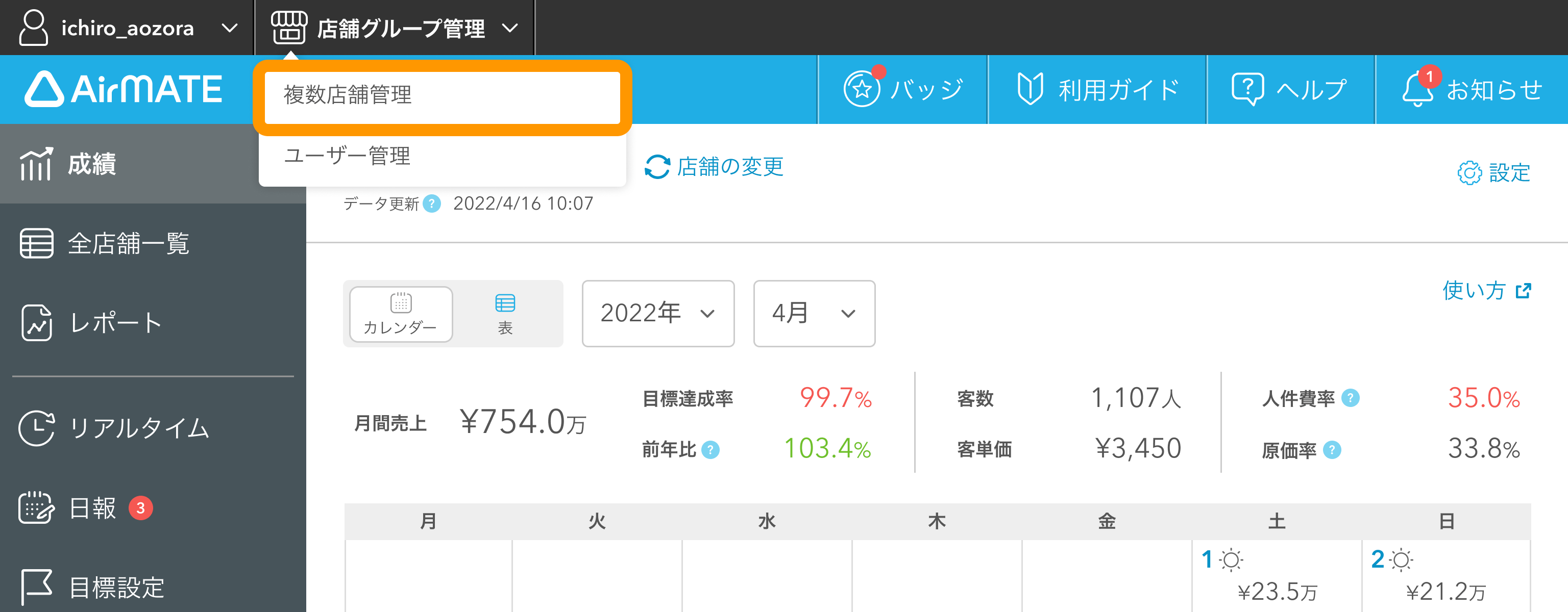 01 Airメイト Web版 店舗グループ管理 複数店舗管理 成績