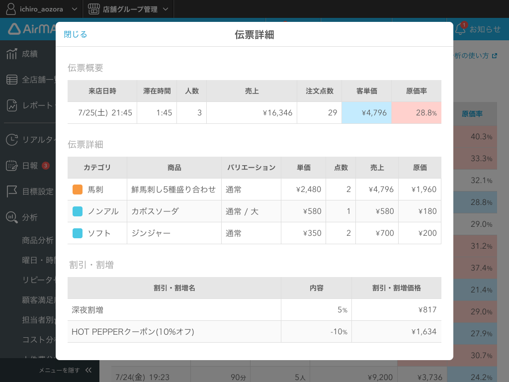 04 Airメイト Web版 分析 伝票分析 伝票詳細
